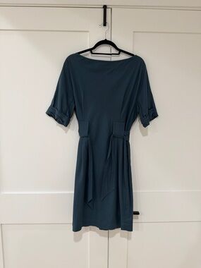 3.1 Phillip Lim Teal Boatneck Midi Dress with Waist Tie